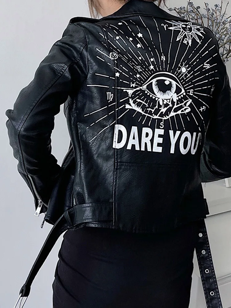 Lady Women Vintage Graffiti Print Slim Pu Faux Leather Jacket Streetwear Female Moto Biker Zipper Belt Short Coat Outwear - Image 5