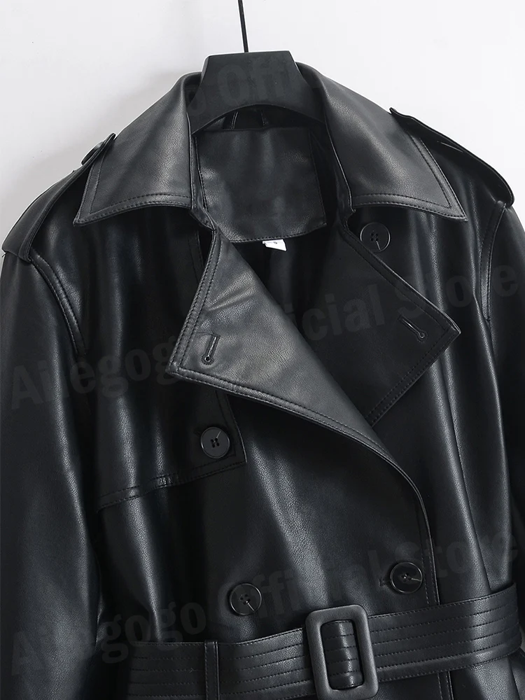 Lady Streetwear Female Loose Long PU Faux Leather Windbreaker with Belt Spring Autumn Women Double Breasted Coat Outwear - Image 3