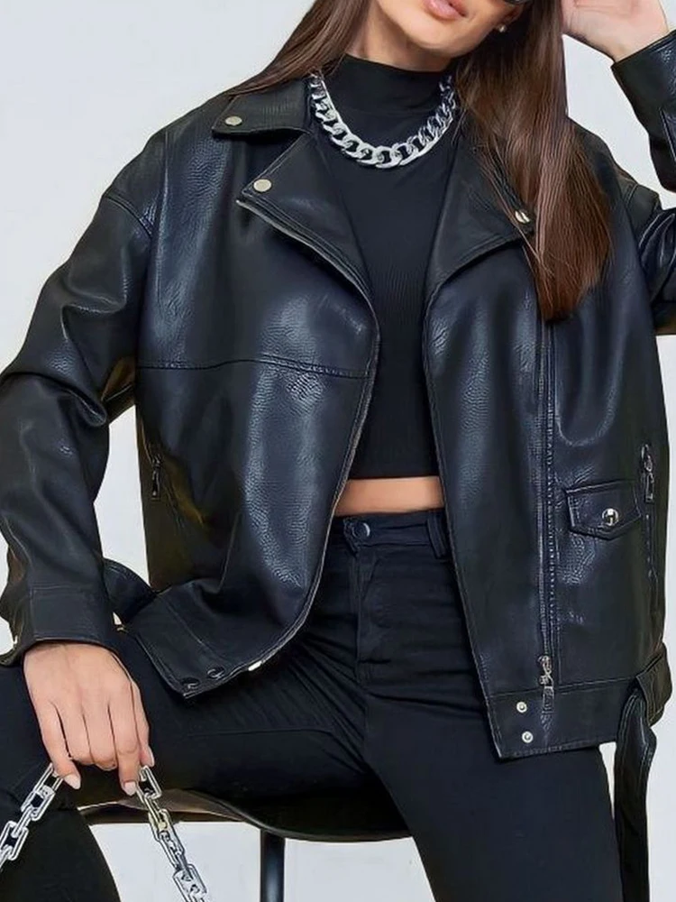 Lady Spring Autumn Women Moto Biker Black Loose Pu Faux Leather Jacket Streetwear Female Zipper Belt Coat Outwear