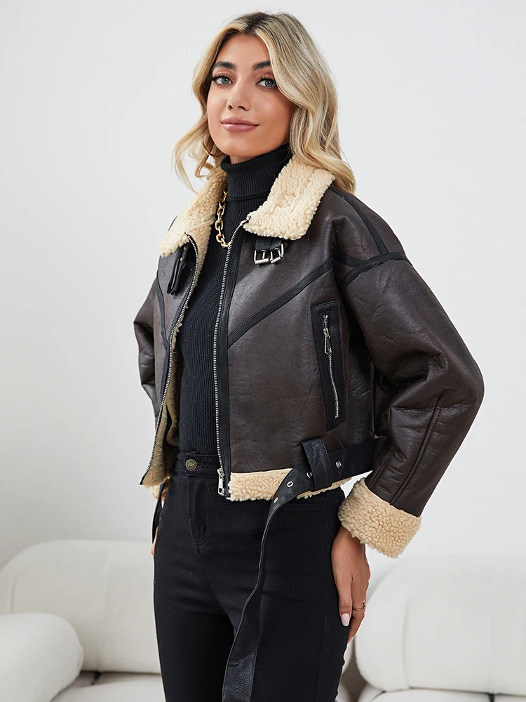 Lady New Autumn Winter Women Faux Lamb Leather Short Jacket with Belt Moto Biker Female Zipper Warm Fur Coat Outwear Tops - Image 4