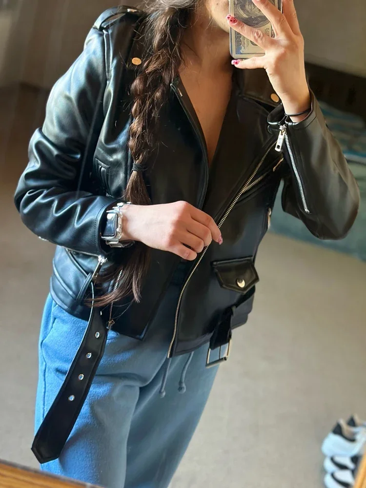 Fitaylor Spring Autumn Women PU Leather Jacket Casual Lady Lapel Zipper Moto Biker Jacket Vintage Female Outwear with Belt - Image 6