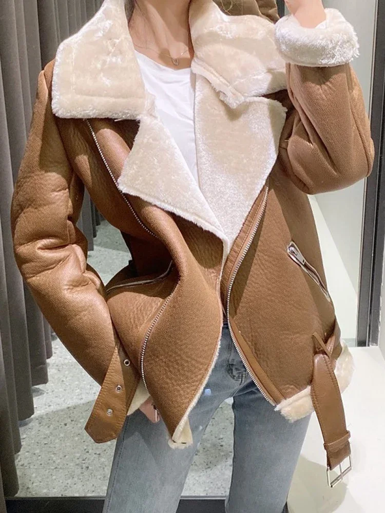 Lady Women Winter Warm Thick Windproof Motorcycle Coat with Belt Brown Suede Jacket Faux Lamb Leather Jacket Outwear