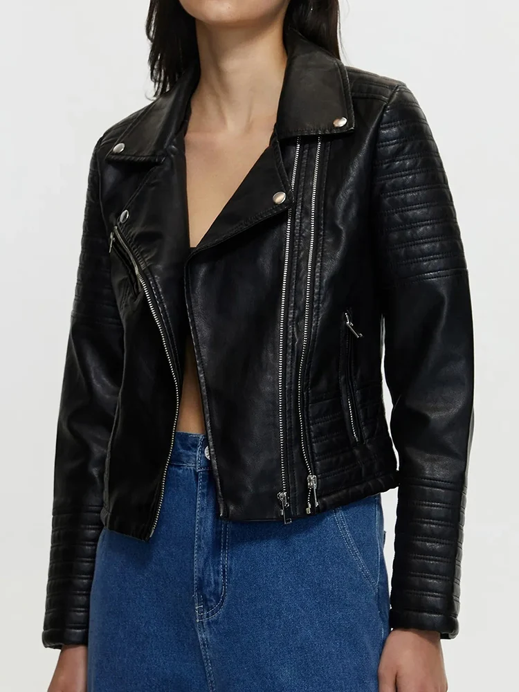 Lady Spring Autumn Women Slim Fit Moto Biker Pu Faux Leather Jacket Streetwear Female Zipper Coat Outwear