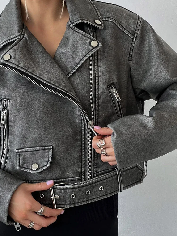 Lady Streetwear Women Retro Loose Zipper Pu Faux Leather Short Jacket Vintage Female Belt Moto Biker Chic Coat Outwear Tops - Image 3