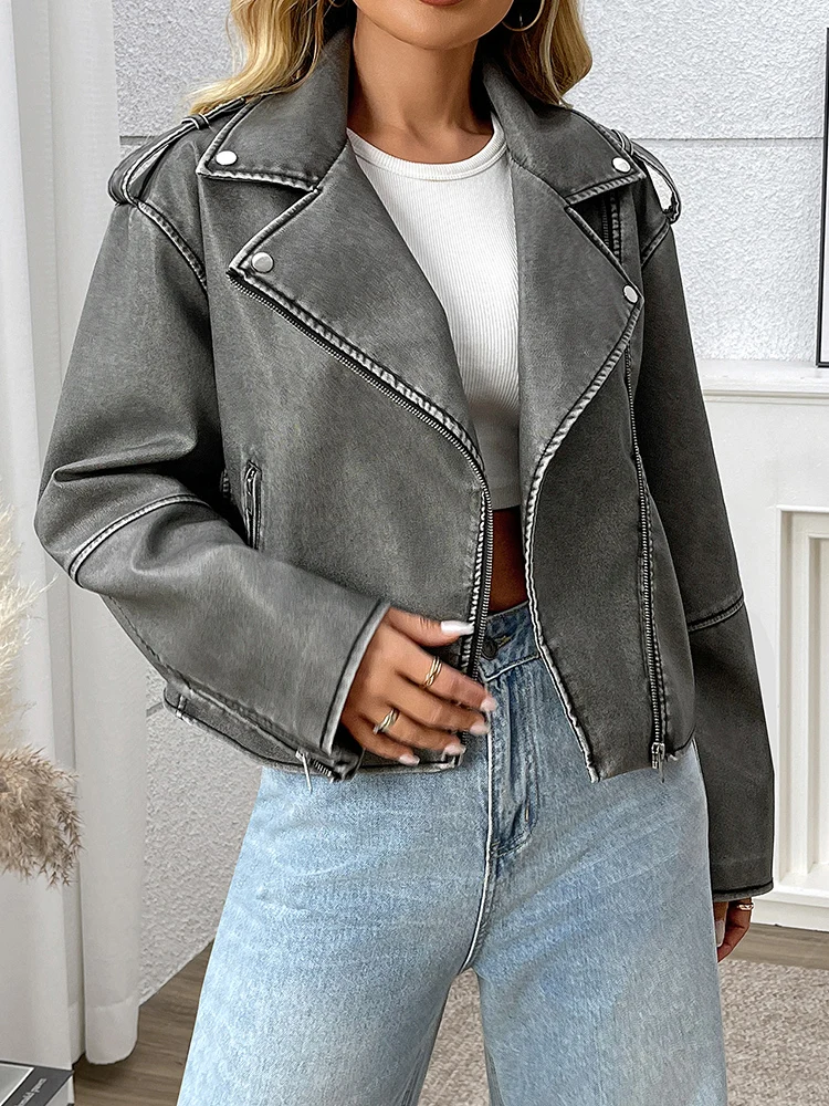 Lady Spring Autumn Women Loose Retro Faux Leather Jacket Streetwear Female Zipper Moto Biker Coat Outwear