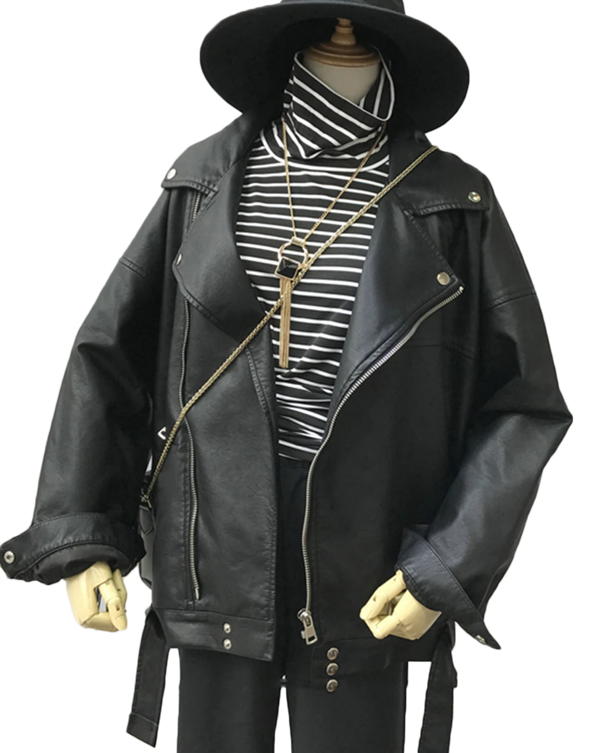 Fitaylor Women Faux PU Leather Jacket Vintage High Street Motorcycle Jacket Lady Lapel Zipper Loose Leather Jacket Coat - Image 2