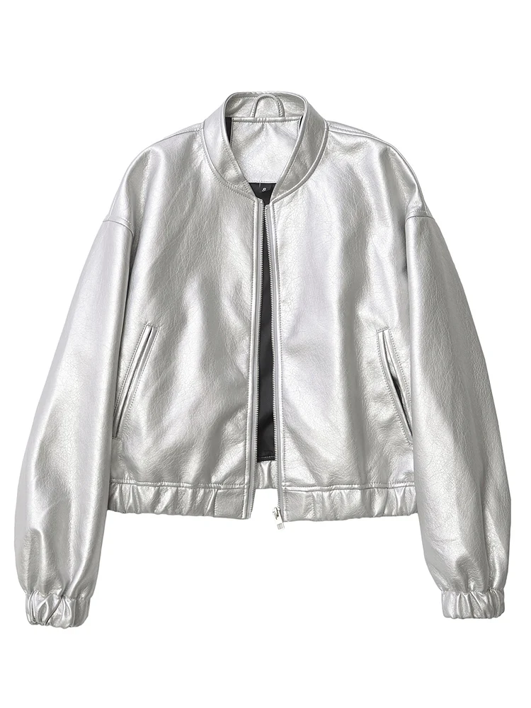 Lady New Spring Autumn Women Silver Short Pu Faux Leather Jacket Streetwear Female Zipper Slim Coat Moto Biker Outwear - Image 6