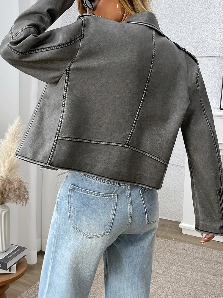 Lady Spring Autumn Women Loose Retro Faux Leather Jacket Streetwear Female Zipper Moto Biker Coat Outwear - Image 5