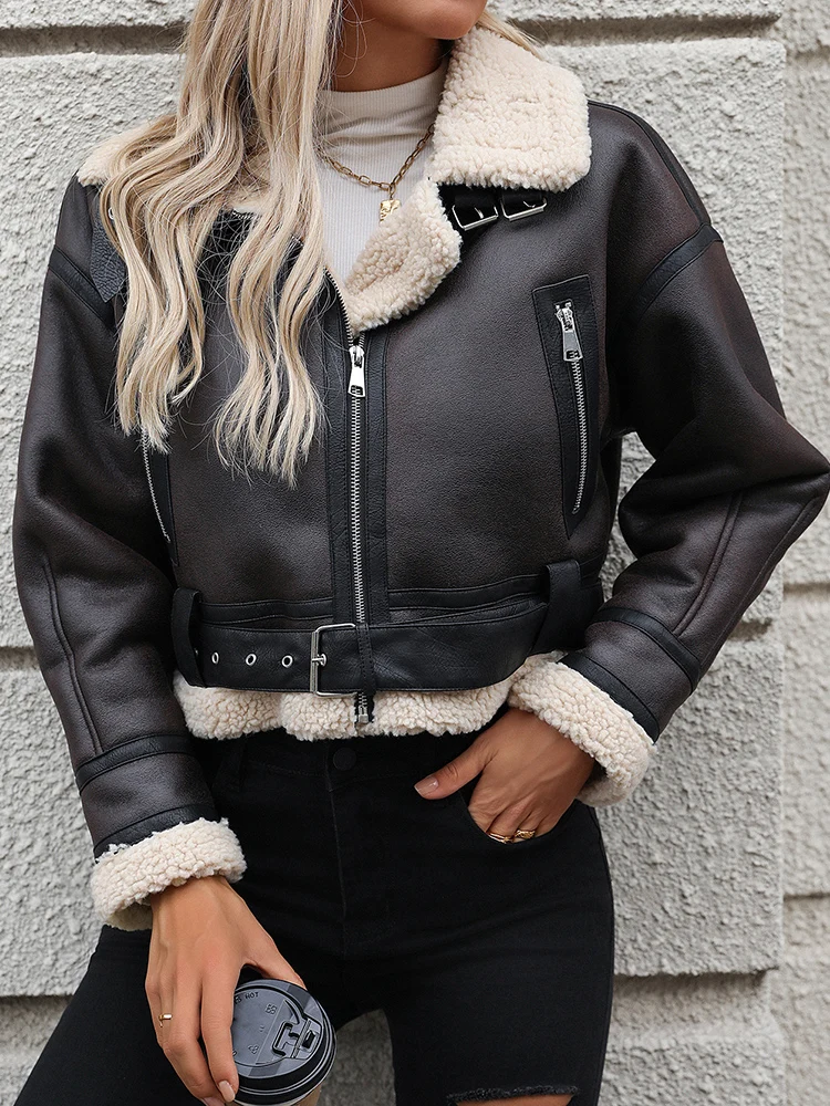 Lady Vintage Women Thick Warm Short Faux Leather Lamb Fur Jacket Streetwear Female Zipper Belt Coat Autumn Winter Outwear - Image 2