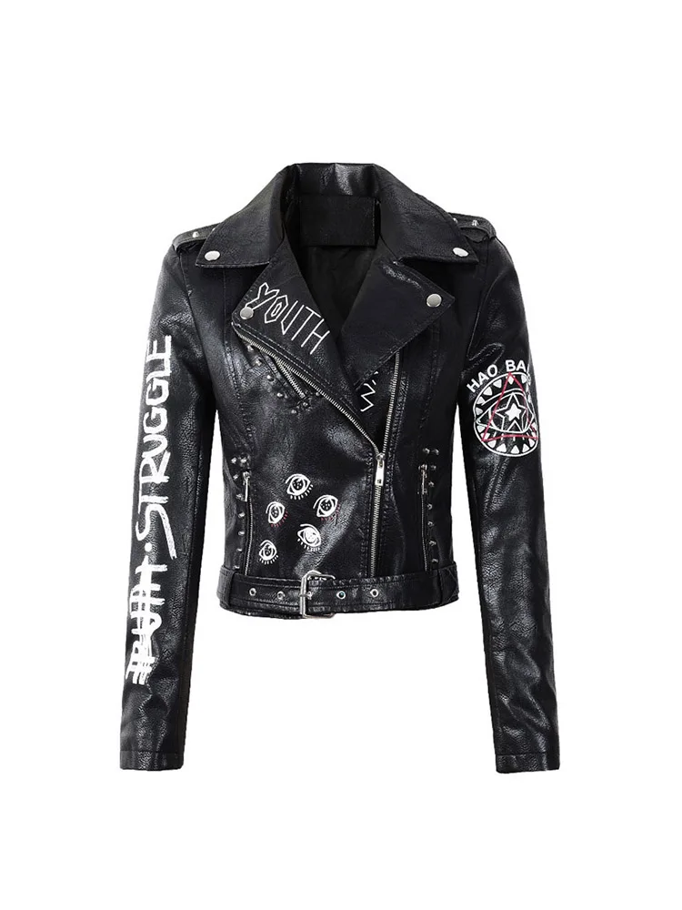 Lady Women Vintage Graffiti Print Slim Pu Faux Leather Jacket Streetwear Female Moto Biker Zipper Belt Short Coat Outwear - Image 6
