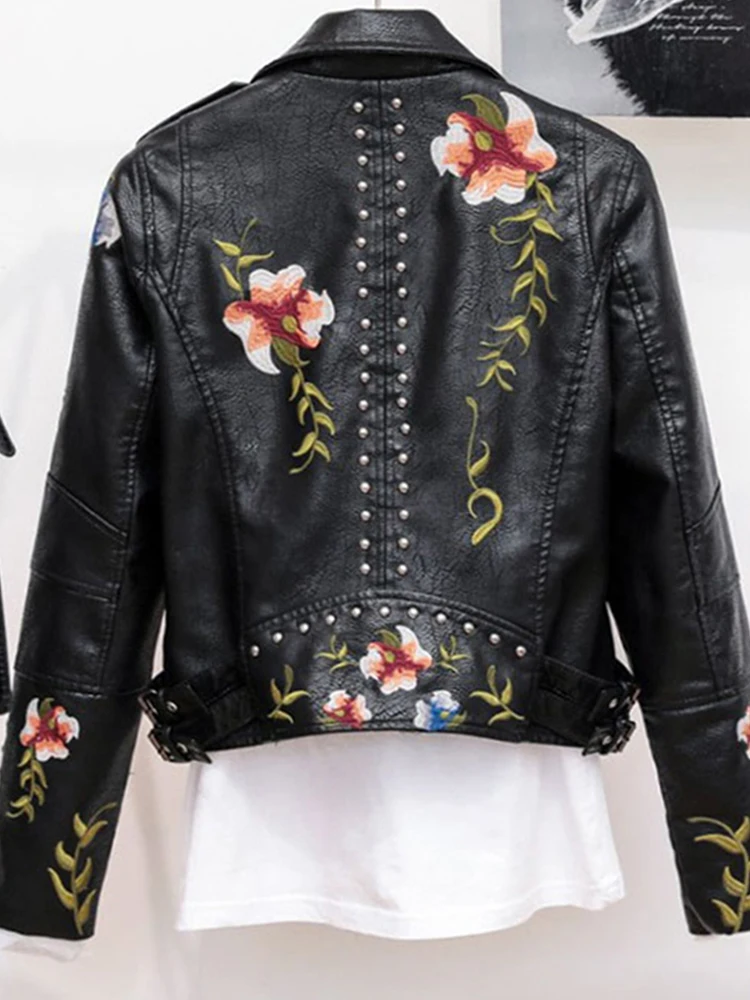 Lady Women Vintage Floral Print Embroidery Pu Faux Leather Jacket Spring Autumn Female Zipper Punk Moto Biker Coat Outwear - Image 6