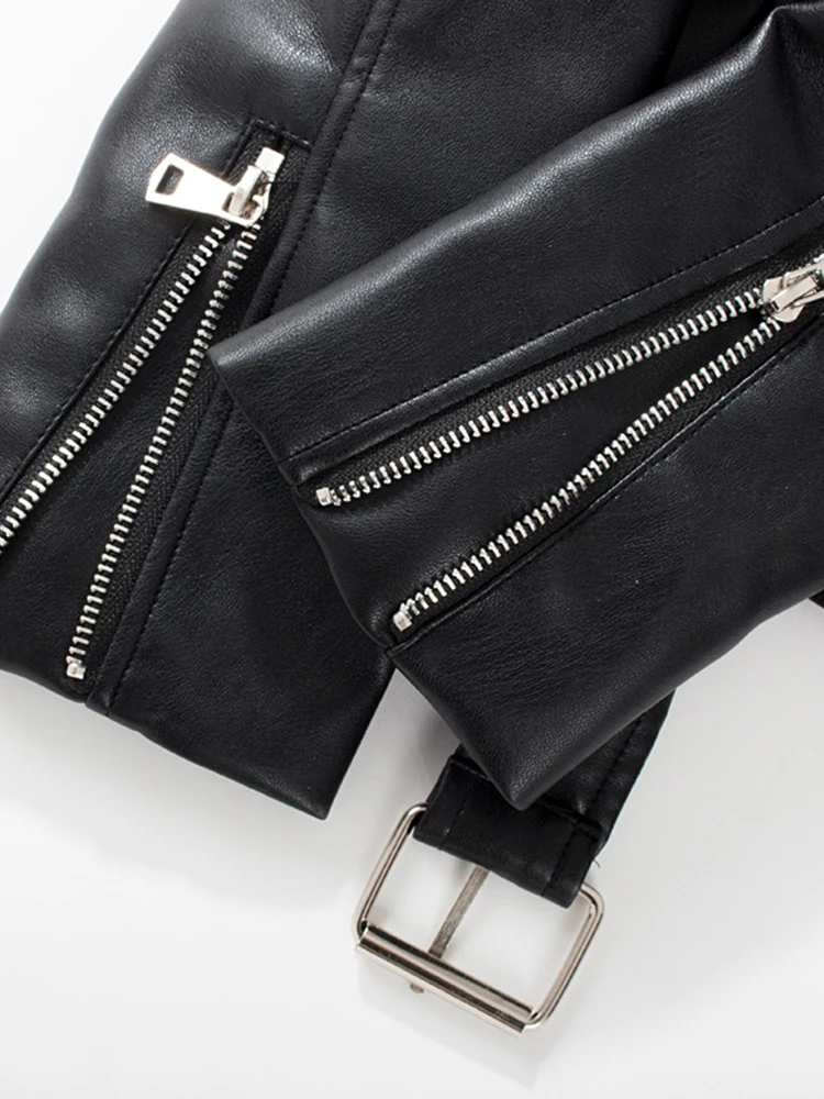 Lady New Spring Autumn Women Black Pu Faux Soft Leather Jacket with Belt Motorcycle Biker Basic Slim Fit Coat Outwear Tops - Image 5