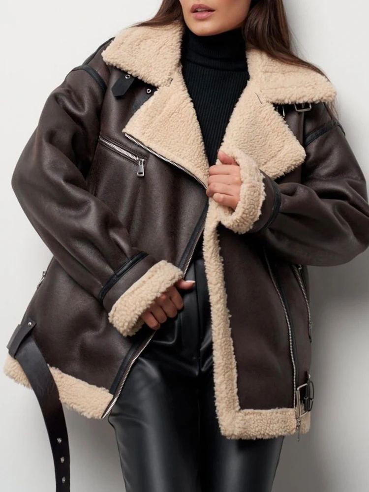 Lady Streetwear Women Loose Warm Faux Leather Lamb Fur Jacket Vintage Female Zipper Belt Spliced Thick Chic Coat Outwear
