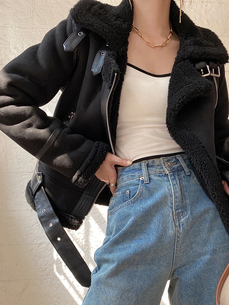 Lady Streetwear Women Retro Slim Thick Warm Faux Suede Leather Fur Short Jacket Moto Biker Female Zipper Belt Coat Outwear - Image 6