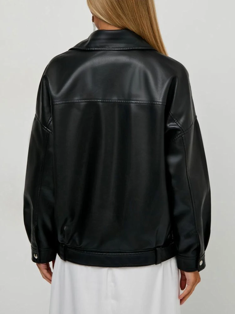 Lady Streetwear Women Moto Biker Loose Black Pu Faux Leather Jacket Spring Autumn Female Zipper Belt Coat Outwear - Image 4