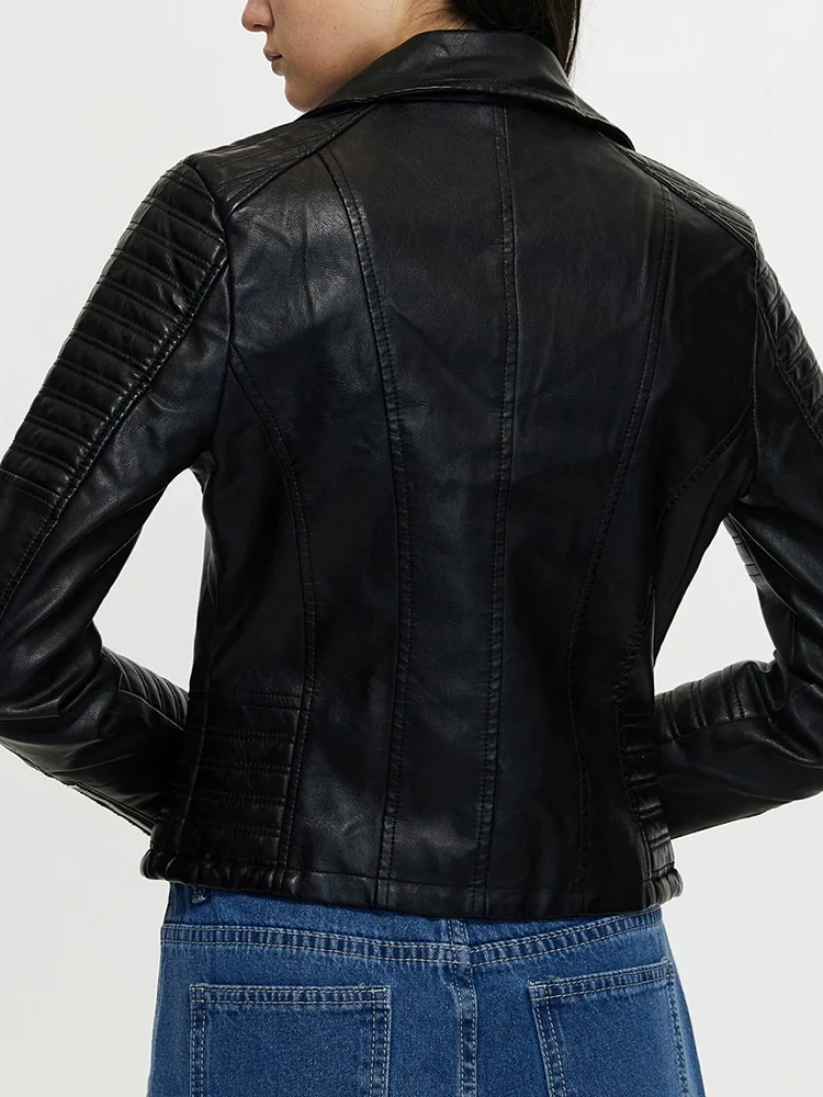 Lady Spring Autumn Women Slim Fit Moto Biker Pu Faux Leather Jacket Streetwear Female Zipper Coat Outwear - Image 5