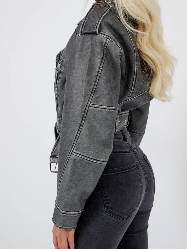 Lady Streetwear Women Loose Retro Zipper Faux Leather Short Jacket with Belt Vintage Female Moto Biker Coat Chic Outwear - Image 3