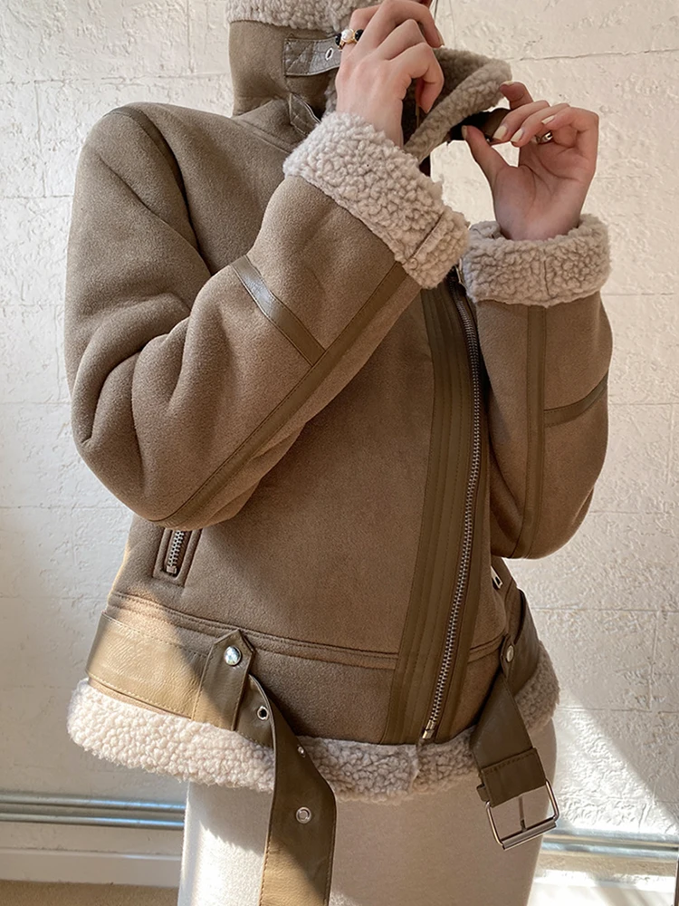 Lady Streetwear Women Retro Slim Thick Warm Faux Suede Leather Fur Short Jacket Moto Biker Female Zipper Belt Coat Outwear