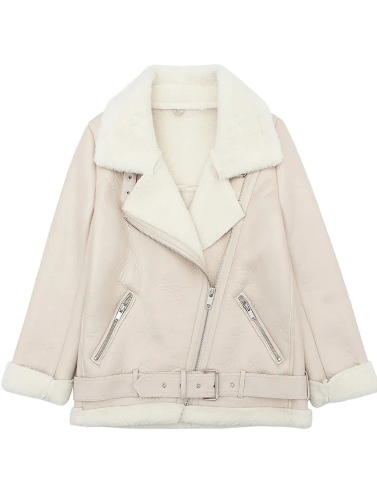 Lady Women Winter Warm Thick Windproof Motorcycle Coat with Belt Brown Suede Jacket Faux Lamb Leather Jacket Outwear - Image 6