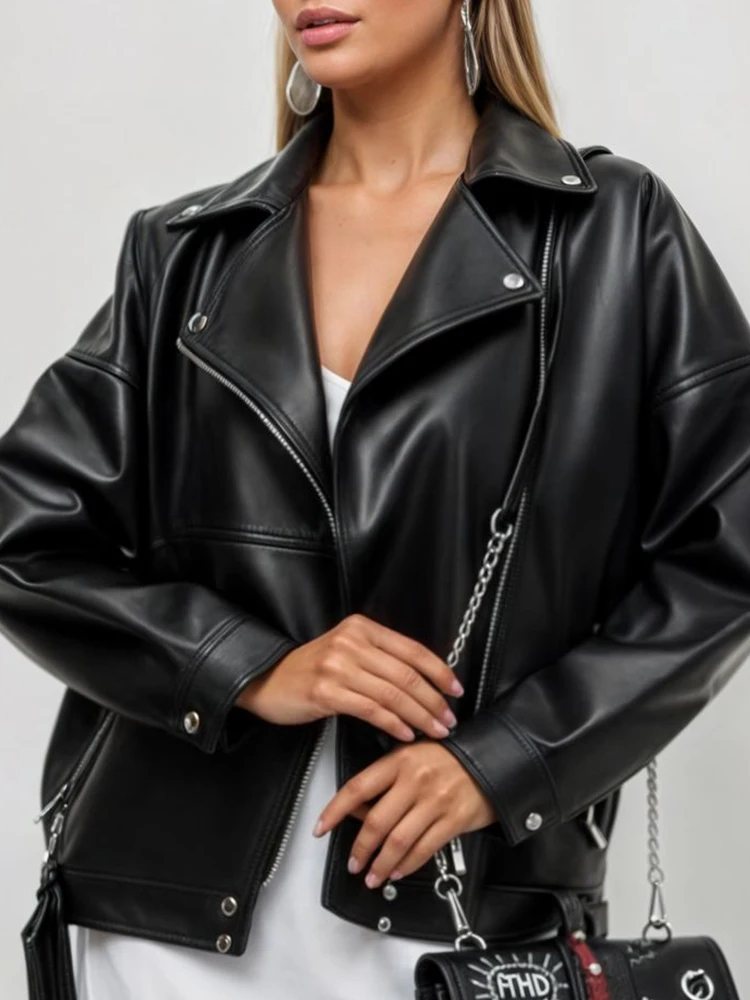 Lady Streetwear Women Moto Biker Loose Black Pu Faux Leather Jacket Spring Autumn Female Zipper Belt Coat Outwear