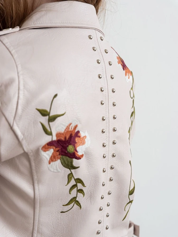 Lady Spring Autumn Women Retro Floral Print Embroidery Faux Leather Jacket Vintage Female Zipper Rivet Coat Outwear Tops - Image 3
