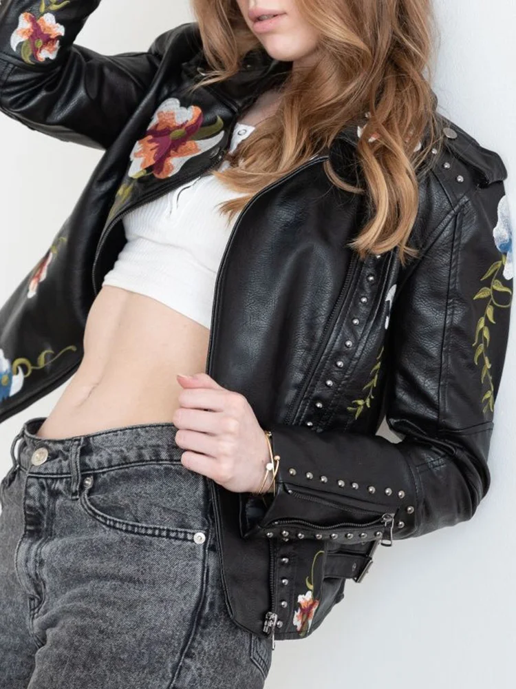 Lady Women Vintage Floral Print Embroidery Slim Fit Short Pu Faux Leather Jacket Streetwear Female Zipper Rivet Coat Outwear - Image 3
