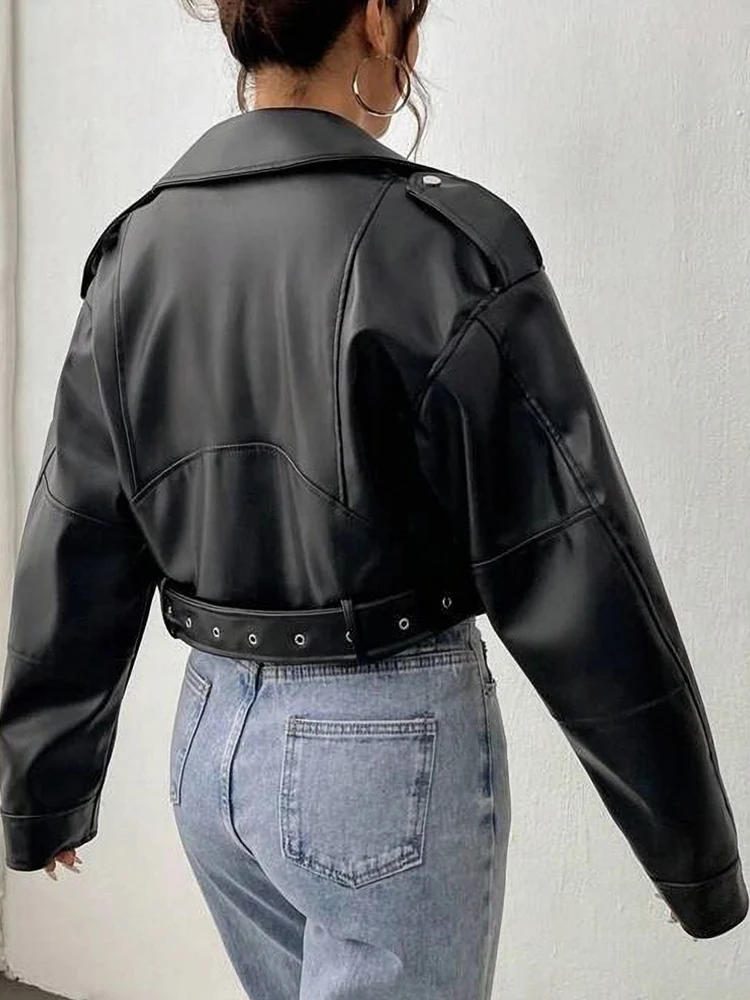 Lady New Spring Women Short Black Pu Faux Leather Jacket Streetwear Female Zipper Belt Moto Biker Coat Outwear - Image 5