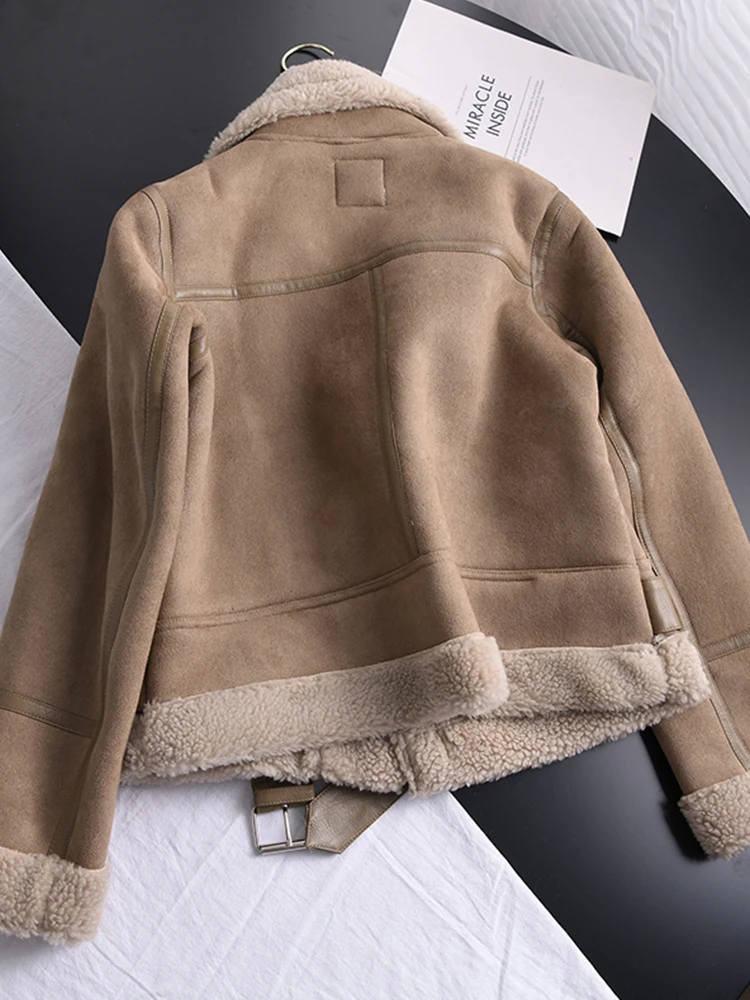 Lady Winter Women Thick Warm Suede Lamb Jacket Short Motorcycle Brown Coats Faux Shearling Sheepskin Leather Jackets Outwear - Image 3