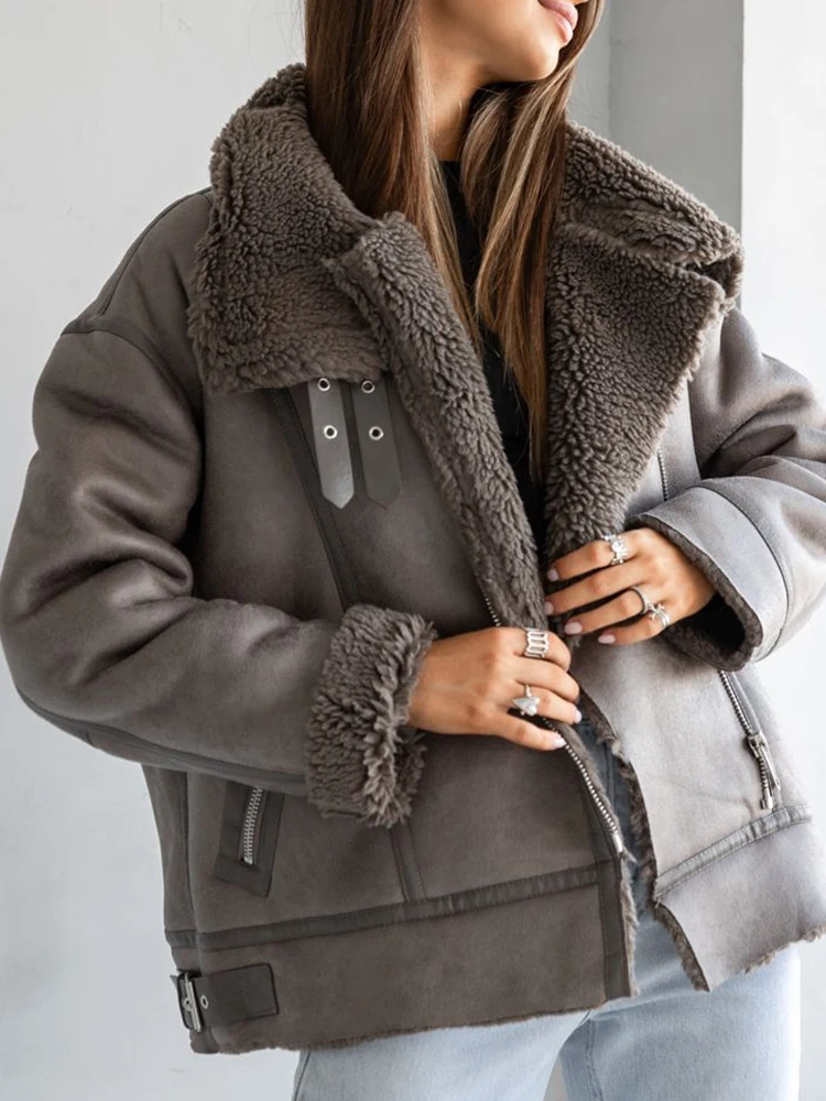 Lady Autumn Winter Women Loose Thick Warm Faux Suede Leather Fur Jacket Streetwear Female Vintage Spliced Coat Chic Outwear - Image 2