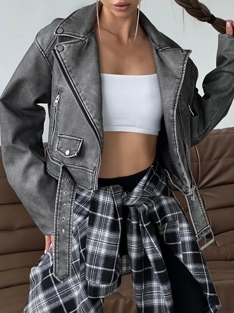 Lady Streetwear Women Retro Loose Zipper Pu Faux Leather Short Jacket Vintage Female Belt Moto Biker Chic Coat Outwear Tops - Image 6