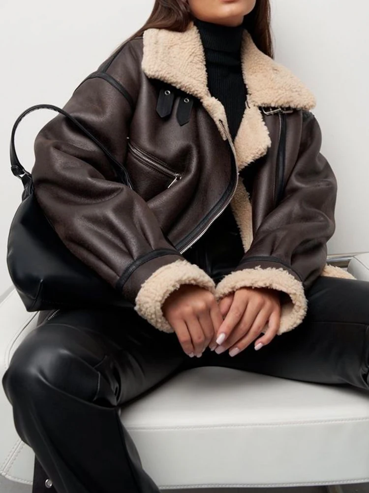 Lady Streetwear Women Loose Warm Faux Leather Lamb Fur Jacket Vintage Female Zipper Belt Spliced Thick Chic Coat Outwear - Image 2