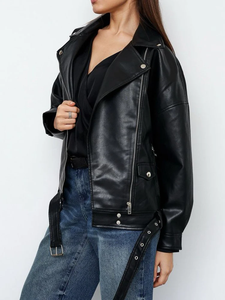Lady Spring Autumn Women Black Loose Pu Faux Leather Jacket Streetwear Female Moto Biker Zipper Belt Coat Outwear - Image 3