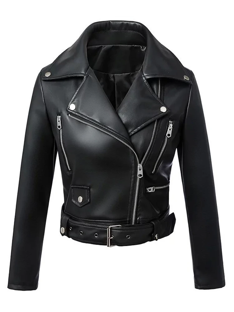 Lady Spring Autumn Women Moto Biker Black Pu Fuax Leather Jacket Streetwear Female Belt Zipper Slim Fit Short Coat Outwear