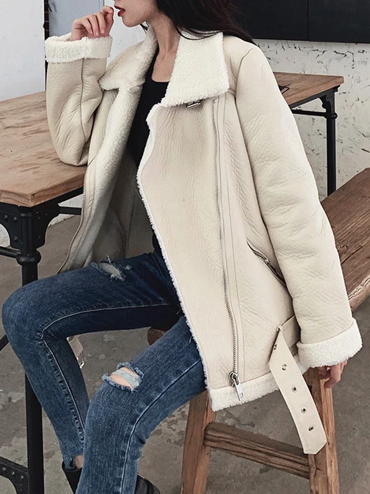 Lady New Women Lamb Fur Faux Leather Jacket Coat Turn Down Collar Winter Thick Warm Zipper With Belt Outerwear - Image 2