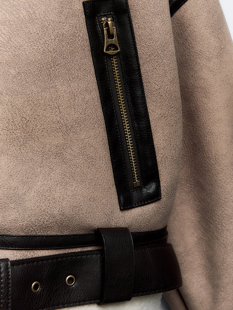 Lady Streetwear Women Retro Loose Spliced Faux Leather Soft Fur Short Jacket Winter Female Zipper Belt Coat Vintage Outwear - Image 5