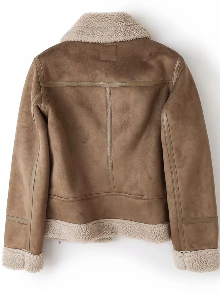 Lady Women Winter Faux Shearling Sheepskin Leather Jackets Female Thick Warm Suede Lambs Short Motorcycle Brown Coat Outwear - Image 2