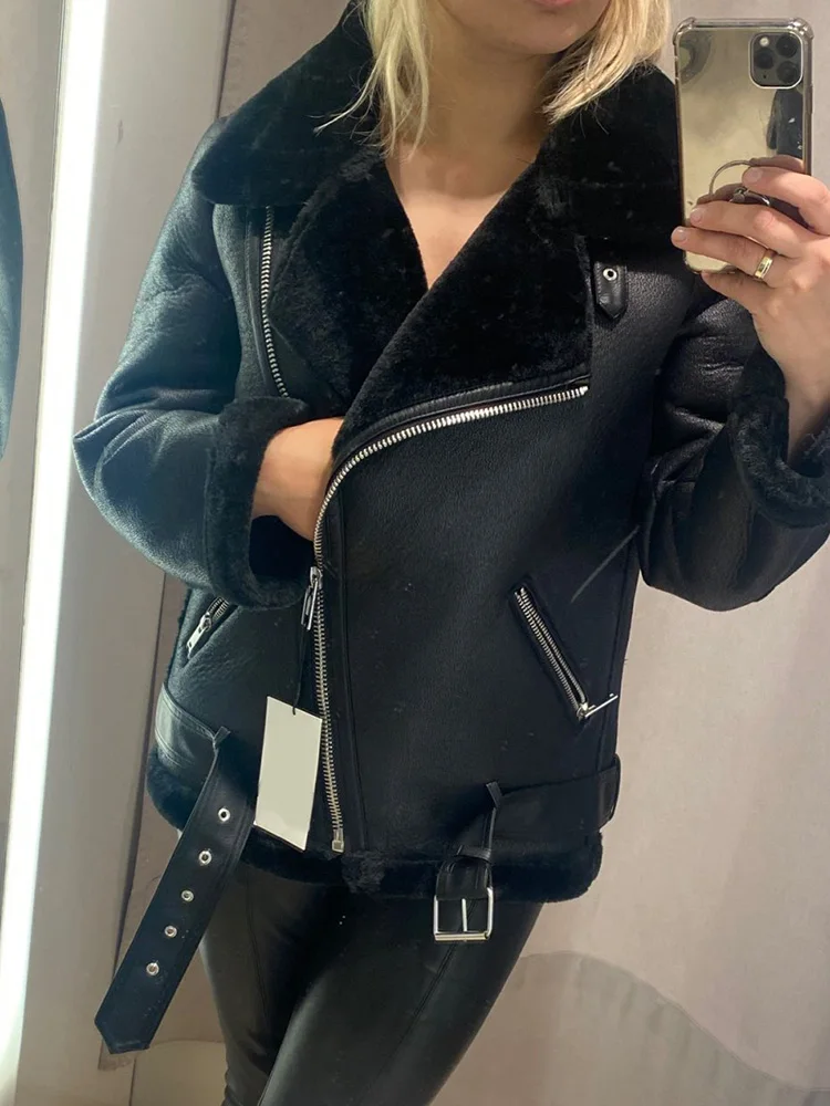 Lady Winter Coats Women Thickness Faux Leather Fur Sheepskin Female Fur Leather Jacket Aviator Outwear Casaco Feminino - Image 2