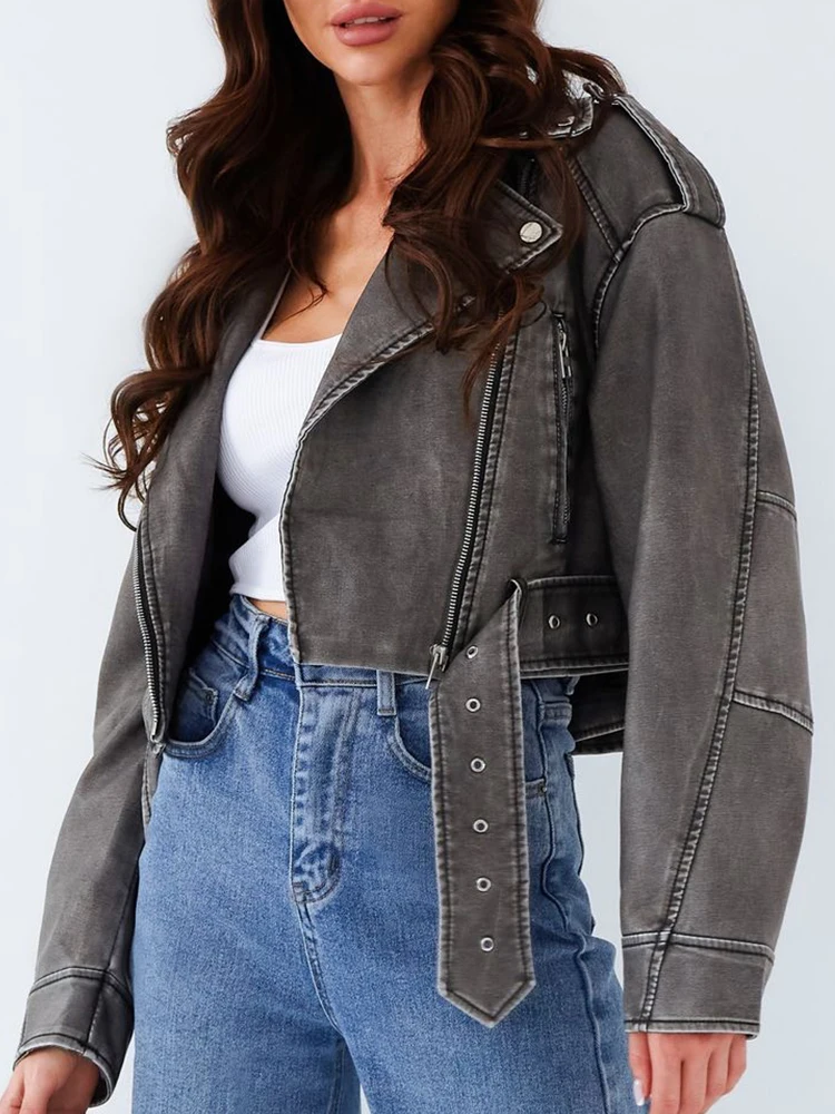 Lady Vintage Women Streetwear Short Pu Faux Leather Jacket Spring Autumn Female Zipper Belt Moto Biker Coat Outwear