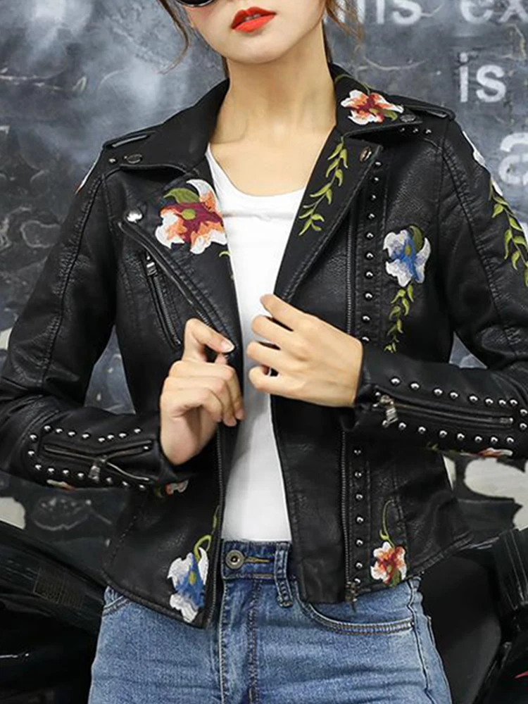 Lady Women Vintage Floral Print Embroidery Pu Faux Leather Jacket Spring Autumn Female Zipper Punk Moto Biker Coat Outwear - Image 4