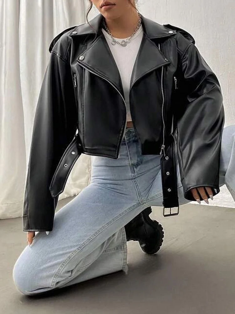 Lady New Spring Women Short Black Pu Faux Leather Jacket Streetwear Female Zipper Belt Moto Biker Coat Outwear - Image 4