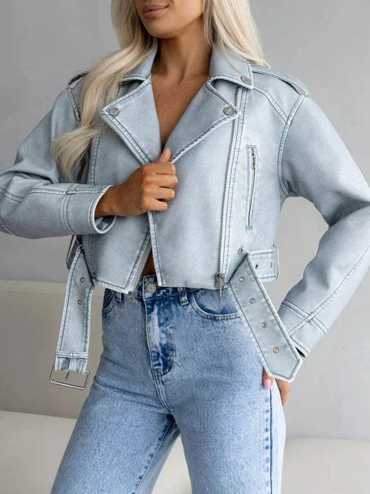 Lady Spring Autumn Women Retro Blue Faux Leather Jacket Streetwear Female Zipper Belt Coat Vintage Outwear - Image 2