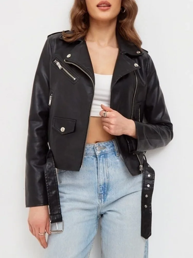 Fitaylor Spring Autumn Women PU Leather Jacket Casual Lady Lapel Zipper Moto Biker Jacket Vintage Female Outwear with Belt - Image 3