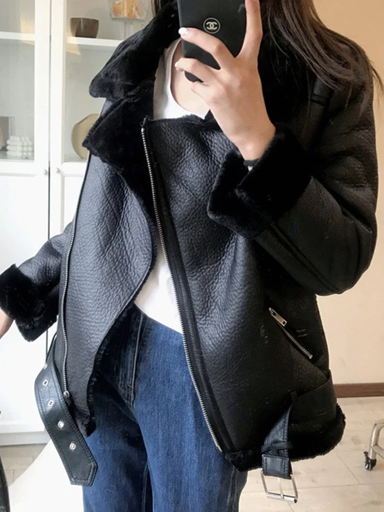 Lady Women Winter Warm Thick Windproof Motorcycle Coat with Belt Brown Suede Jacket Faux Lamb Leather Jacket Outwear - Image 5