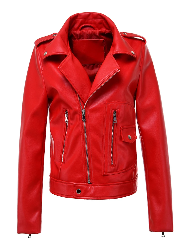 Fitaylor Autumn Winter Women Faux PU Leather Coat Casual Lady Red Motorcycle Jacket Vintage Lapel Short Biker Jacket - Image 5
