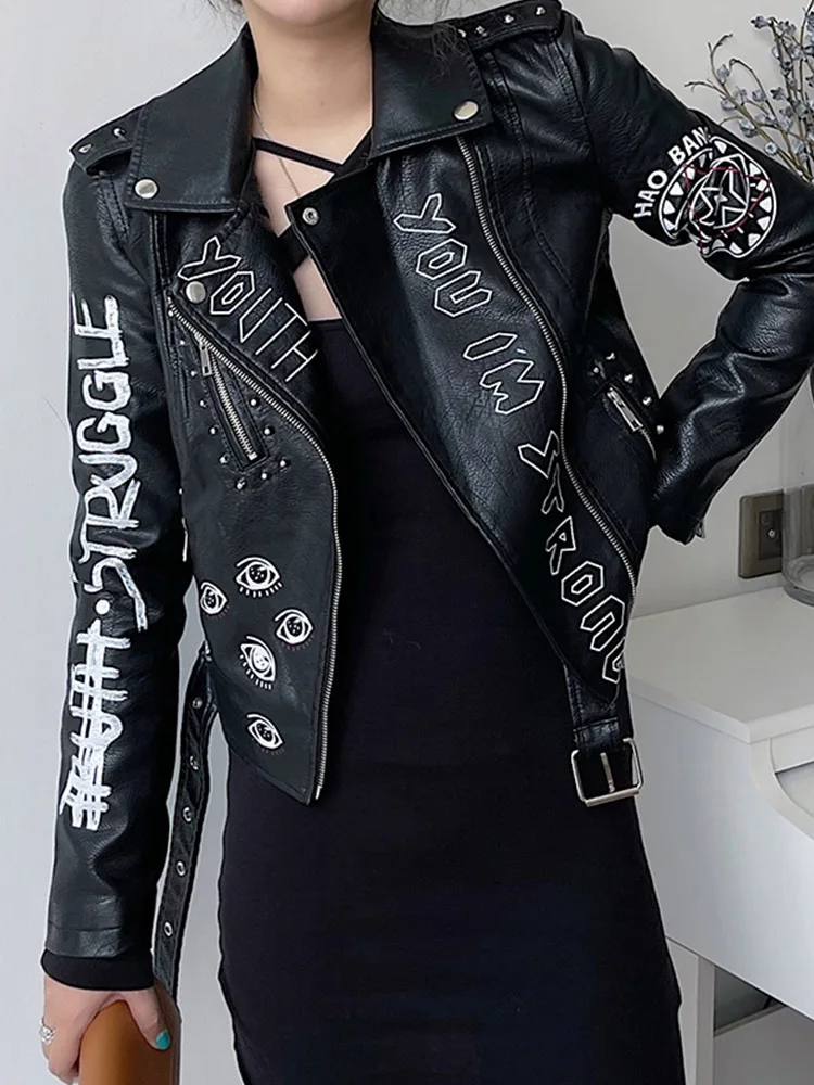 Lady Women Vintage Graffiti Print Slim Pu Faux Leather Jacket Streetwear Female Moto Biker Zipper Belt Short Coat Outwear - Image 3