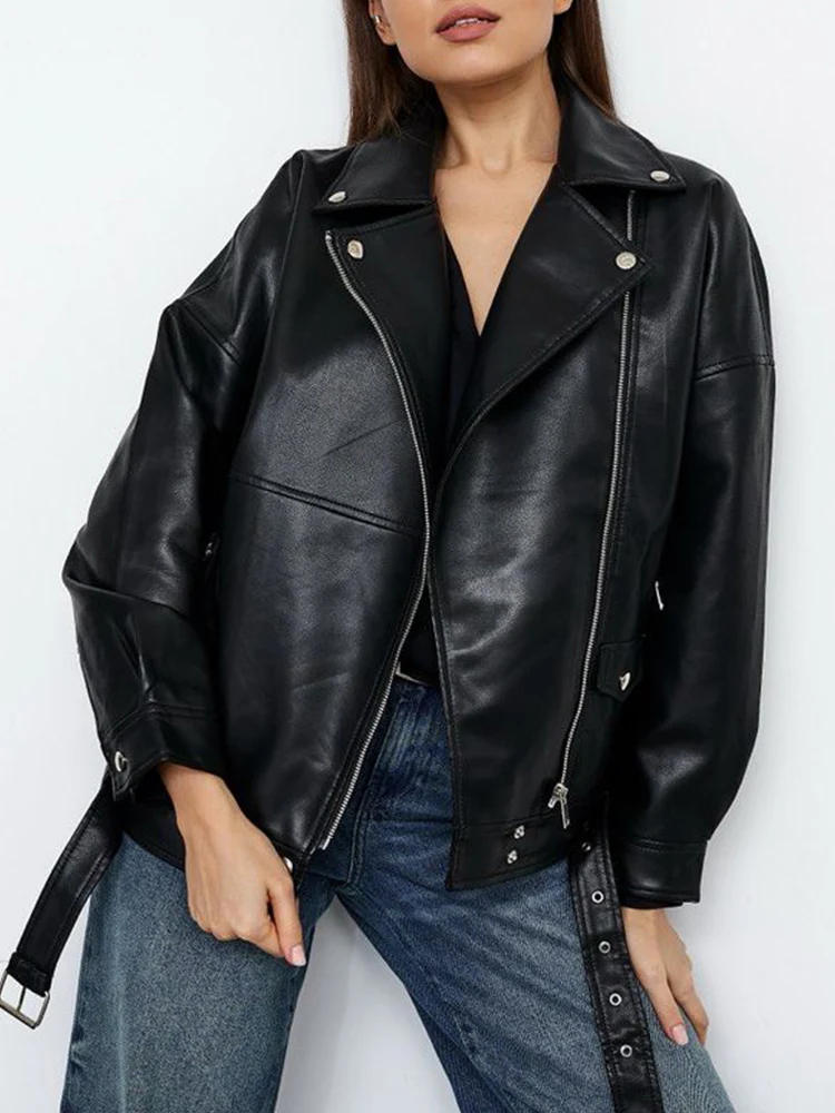 Lady Spring Autumn Women Black Loose Pu Faux Leather Jacket Streetwear Female Moto Biker Zipper Belt Coat Outwear