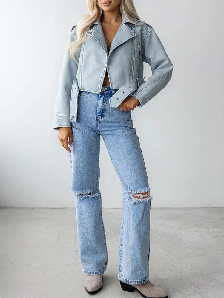 Lady Spring Autumn Women Retro Blue Faux Leather Jacket Streetwear Female Zipper Belt Coat Vintage Outwear - Image 6