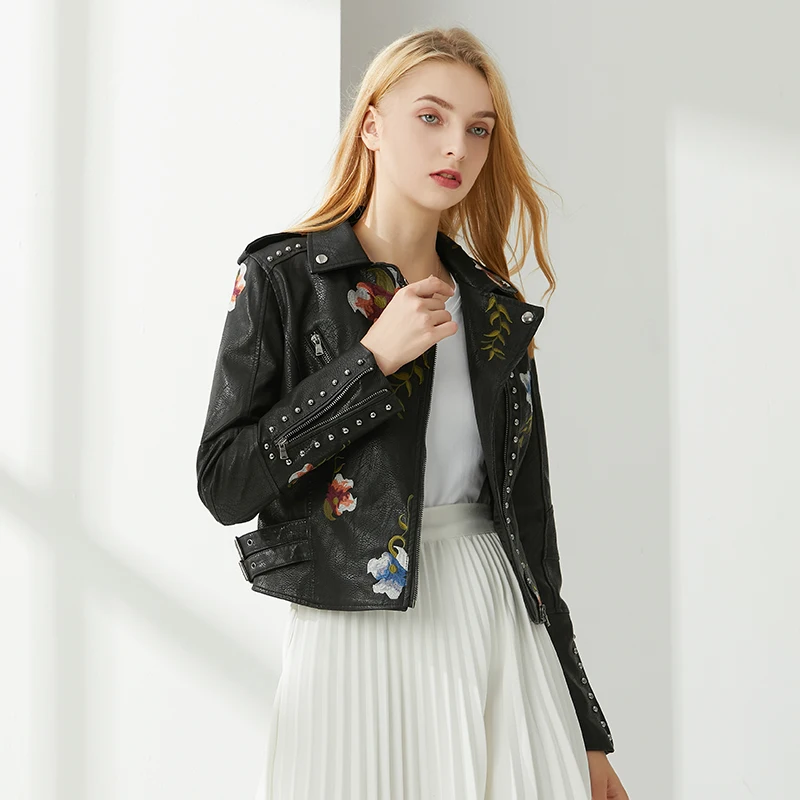 Fitaylor Spring Autumn Women Faux PU Leather Jacket Casual Lady Rivet Floral Embroidery Leather Jacket - Image 6