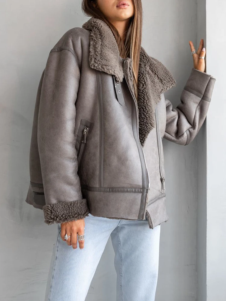 Lady Autumn Winter Women Loose Thick Warm Faux Suede Leather Fur Jacket Streetwear Female Vintage Spliced Coat Chic Outwear - Image 4