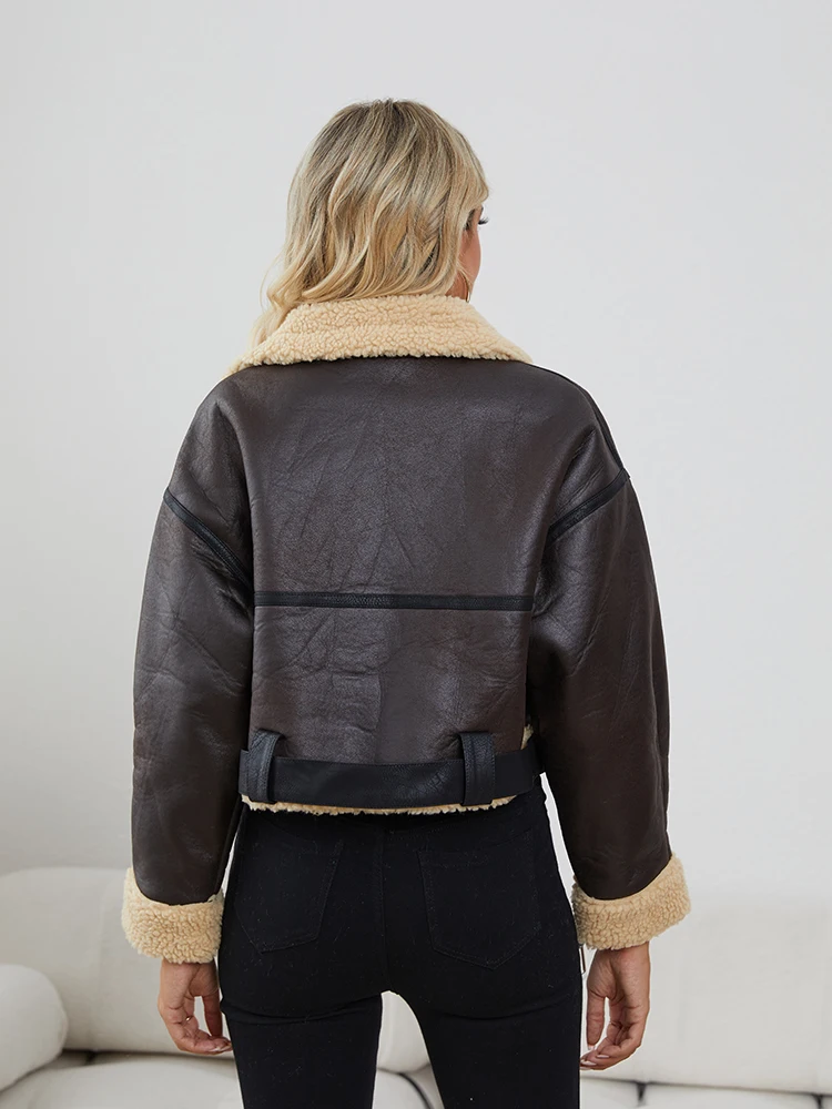 Lady New Autumn Winter Women Faux Lamb Leather Short Jacket with Belt Moto Biker Female Zipper Warm Fur Coat Outwear Tops - Image 5